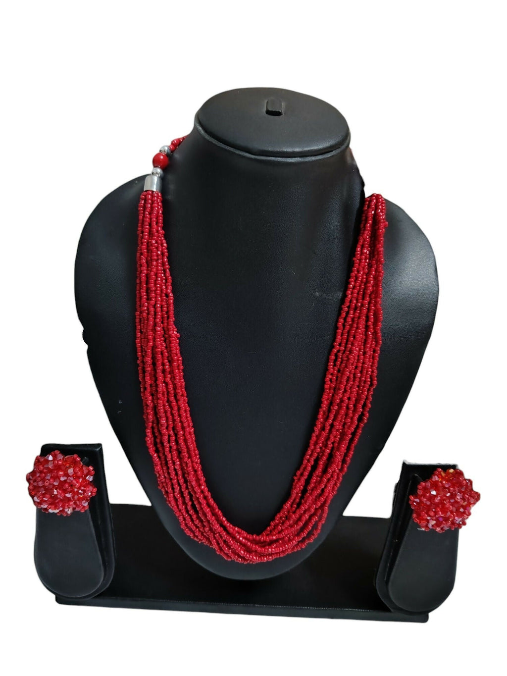 Inhanns Bloom Handmade Beaded Necklace With Earrings - 12 Layers - Red Necklace Set