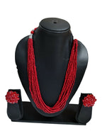 Inhanns Bloom Handmade Beaded Necklace With Earrings - 12 Layers - Red Necklace Set