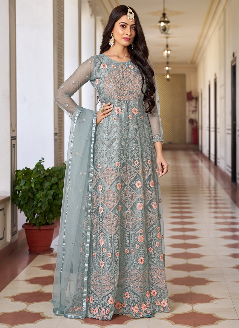 Vegaa Fashion Light Grey Butterfly Net Embroidery Designer Anarkali Suit