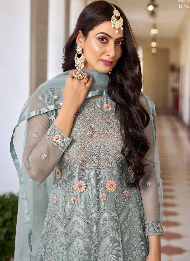 Vegaa Fashion Light Grey Butterfly Net Embroidery Designer Anarkali Suit