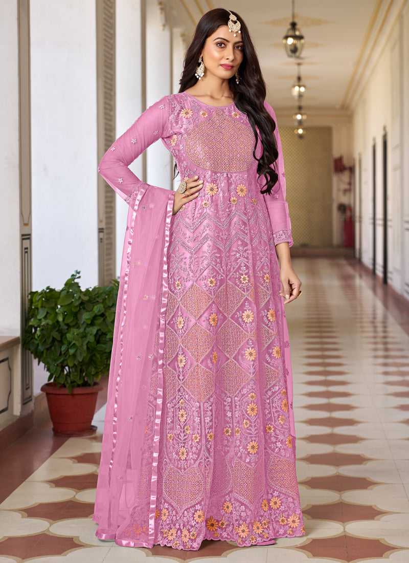 Vegaa Fashion Pink Butterfly Net Embroidery Designer Anarkali Suit