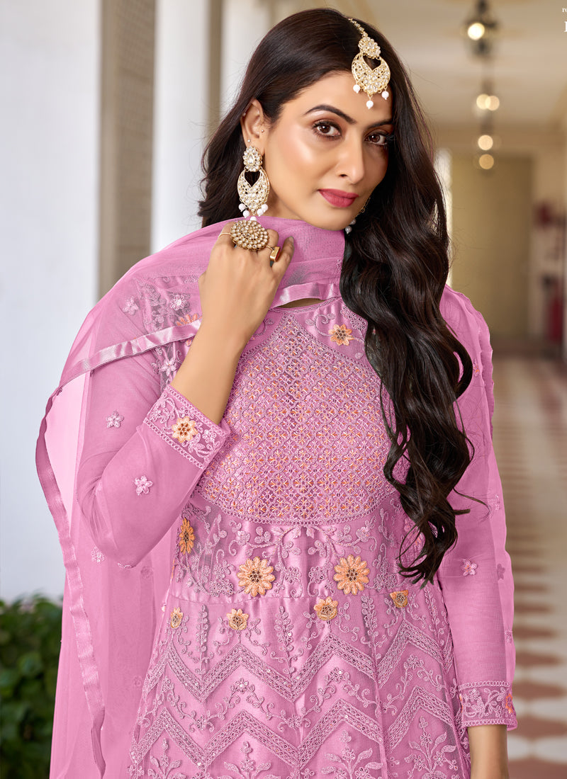 Vegaa Fashion Pink Butterfly Net Embroidery Designer Anarkali Suit