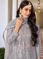 Vegaa Fashion Grey Butterfly Net Embroidery Designer Anarkali Suit