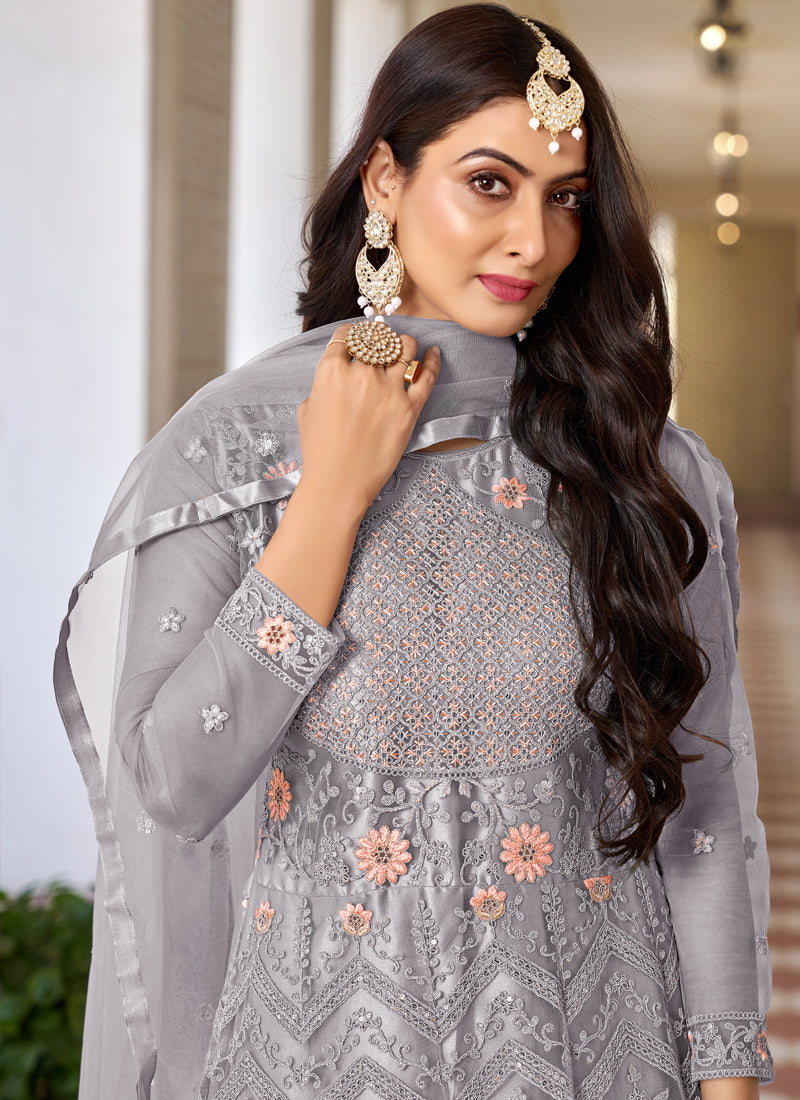 Vegaa Fashion Grey Butterfly Net Embroidery Designer Anarkali Suit