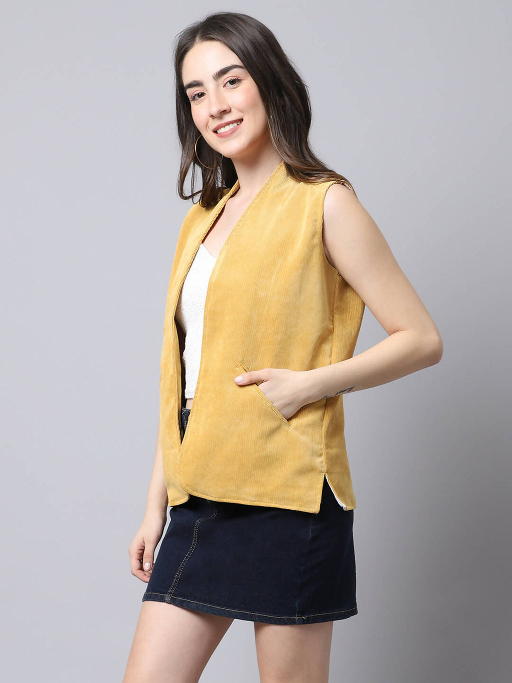 Even Apparels Mustard Polyblend Open Front Women's Waistcoat - Distacart