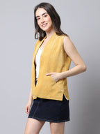 Even Apparels Mustard Polyblend Open Front Women's Waistcoat - Distacart