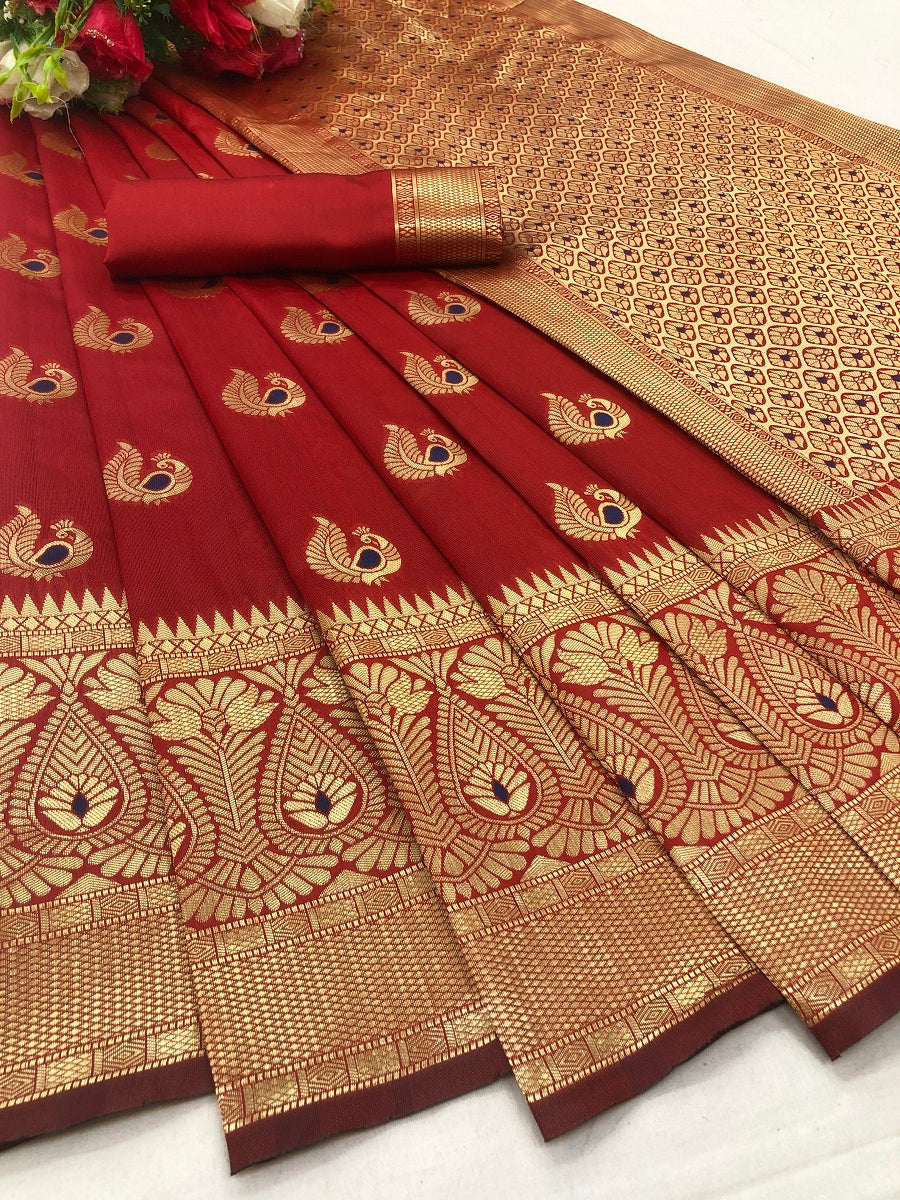 Vamika Red Weaving Banarasi Jacquard Saree