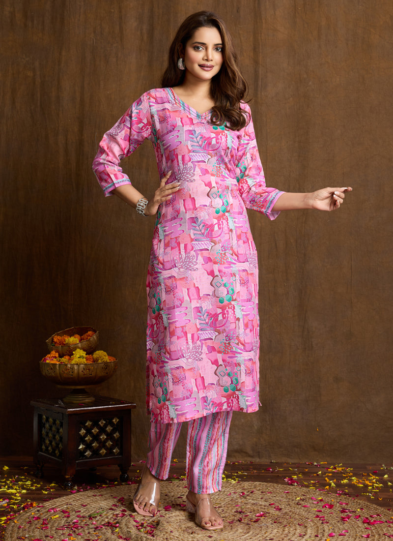 Prazu Fashion Light Pink Printed Cotton Blend Kurta Pant Set - Distacart