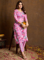 Prazu Fashion Light Pink Printed Cotton Blend Kurta Pant Set - Distacart