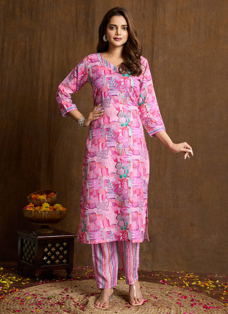 Prazu Fashion Light Pink Printed Cotton Blend Kurta Pant Set