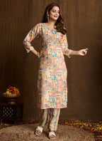 Prazu Fashion Cream Printed Cotton Blend Kurta Pant Set - Distacart