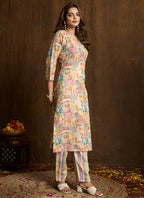 Prazu Fashion Cream Printed Cotton Blend Kurta Pant Set - Distacart
