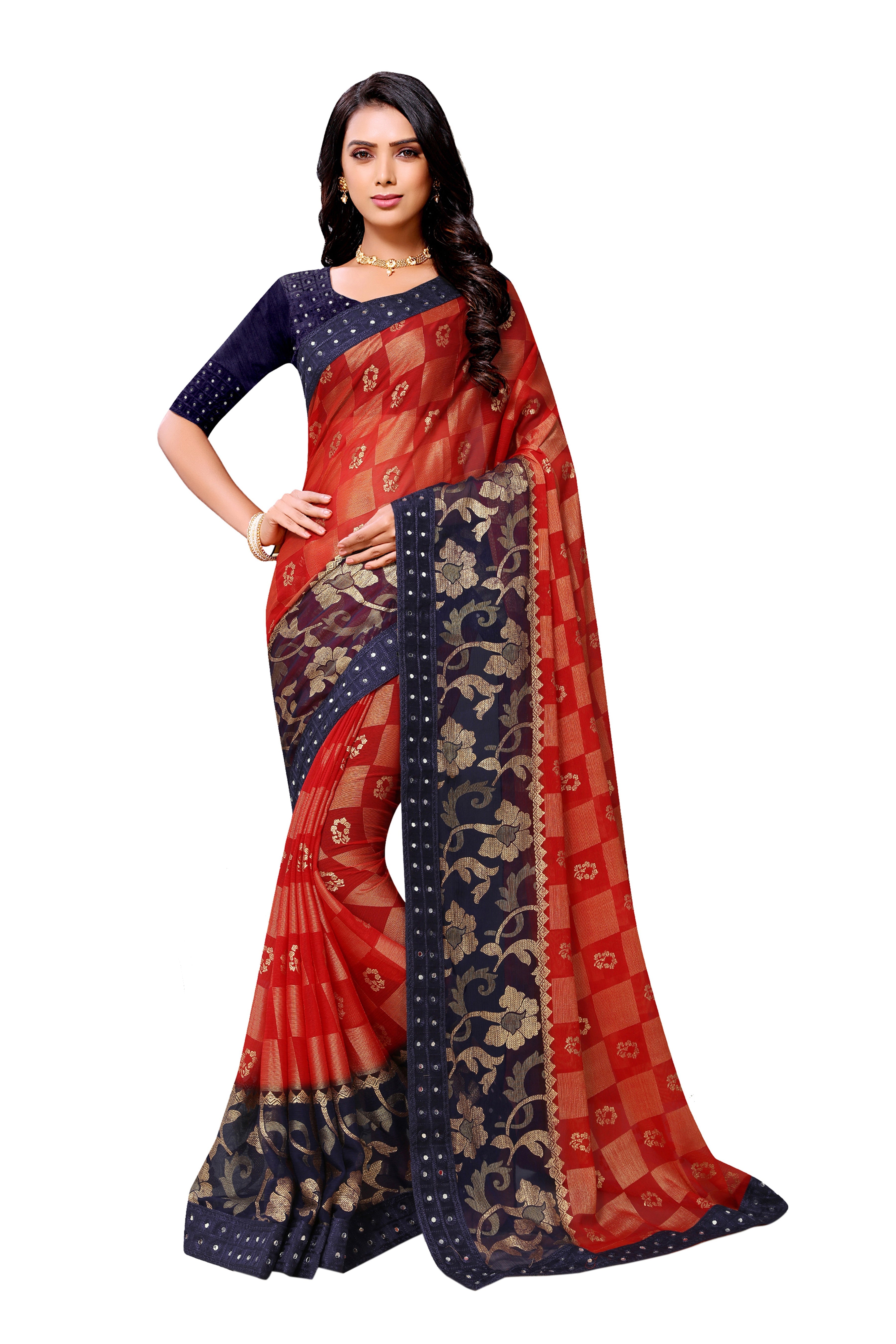 Vamika Red & Blue Designer Chiffon Brasso Saree With Mirror Work Lace