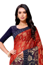 Vamika Red & Blue Designer Chiffon Brasso Saree With Mirror Work Lace