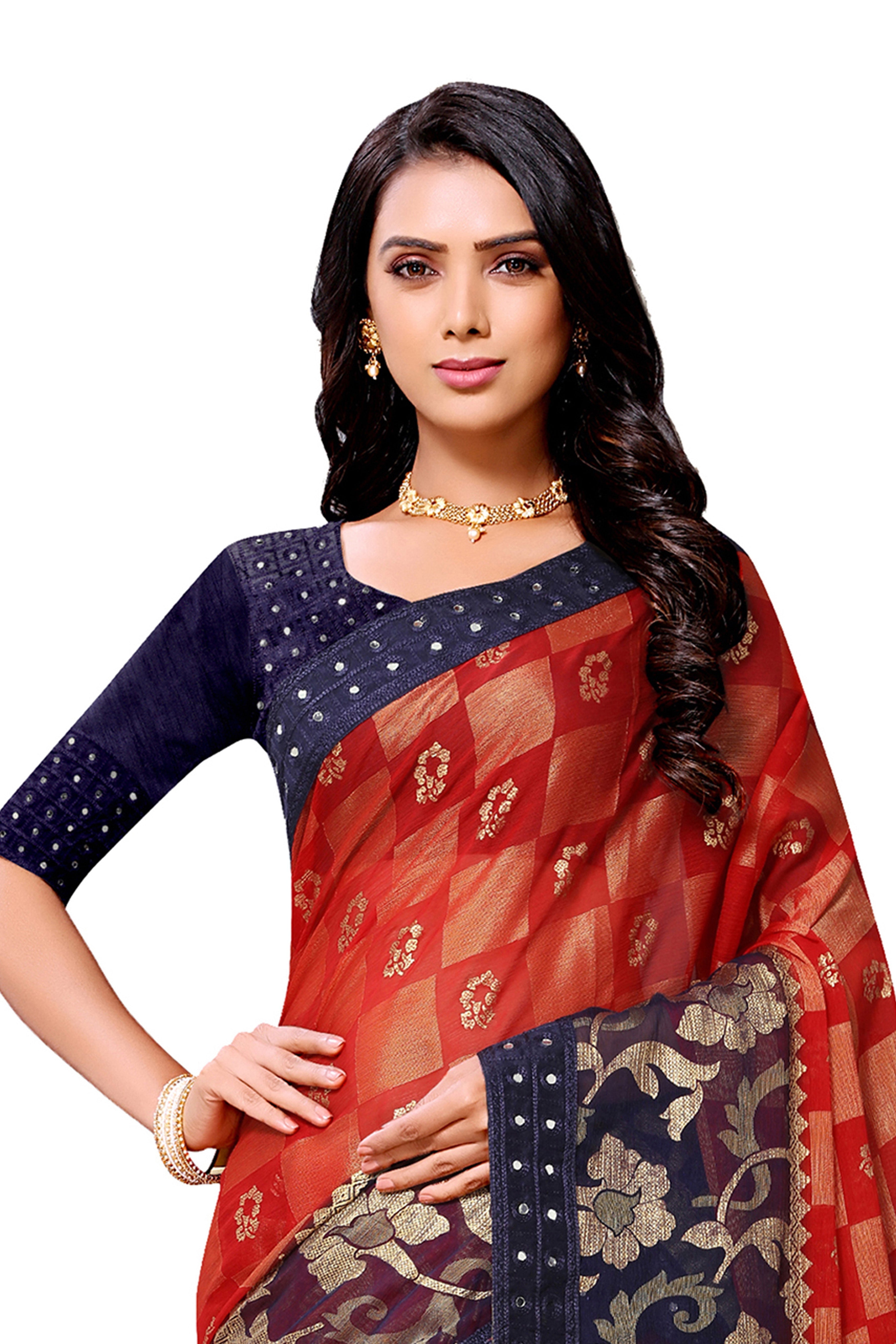 Vamika Red & Blue Designer Chiffon Brasso Saree With Mirror Work Lace