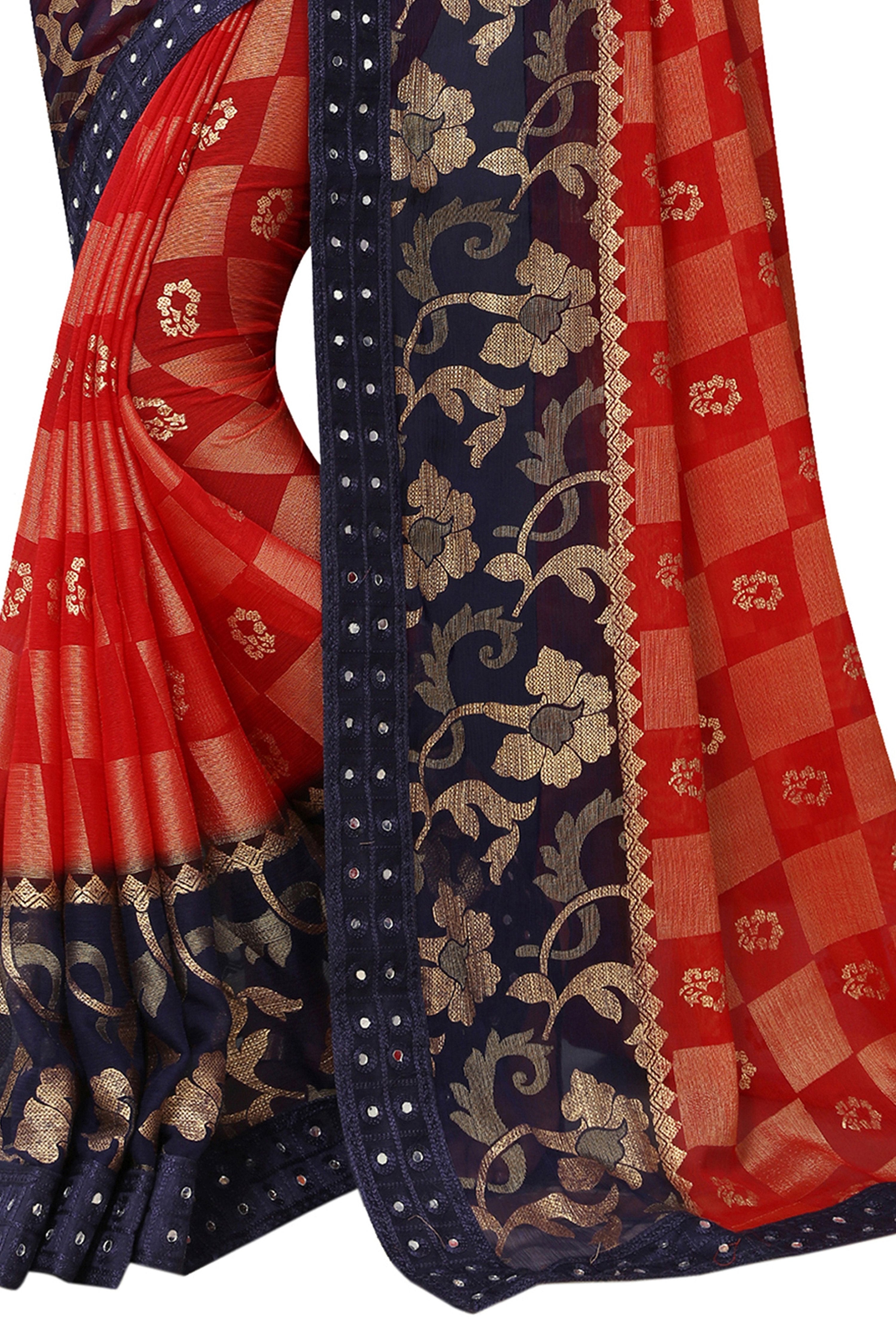 Vamika Red & Blue Designer Chiffon Brasso Saree With Mirror Work Lace