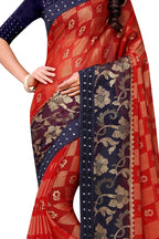Vamika Red & Blue Designer Chiffon Brasso Saree With Mirror Work Lace