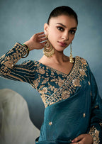 Monjolika Fashion Teal Tissue Embroidered Sequins And Zari Work Saree - Distacart