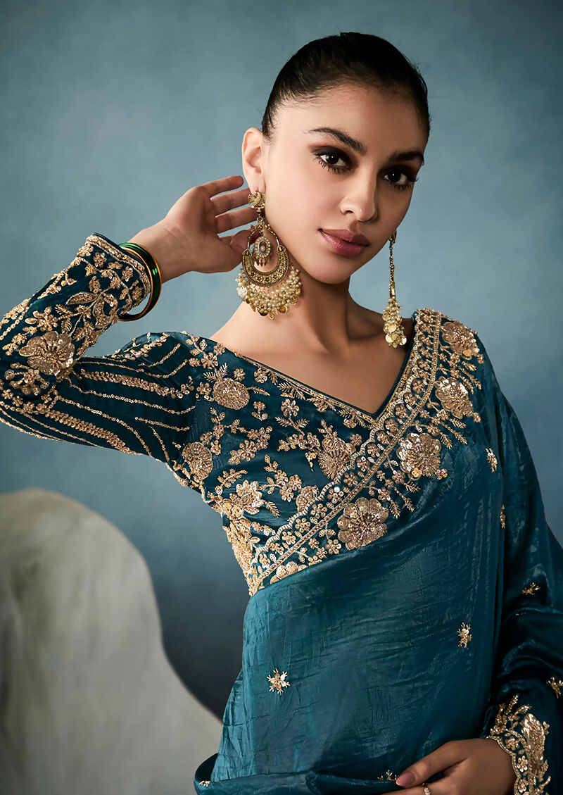Monjolika Fashion Teal Tissue Embroidered Sequins And Zari Work Saree - Distacart