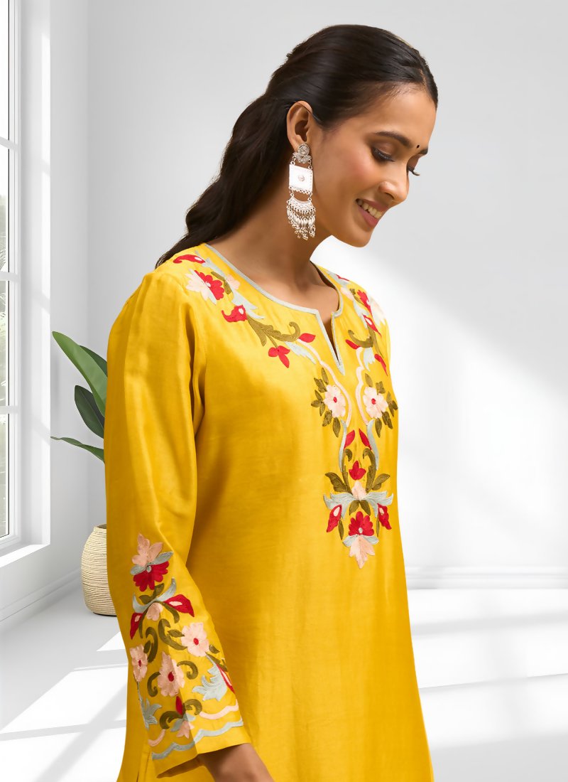 Joban Fashion Yellow Silk Embroidered Readymade Long Kurta With Pant - Distacart