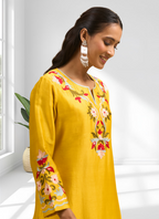 Joban Fashion Yellow Silk Embroidered Readymade Long Kurta With Pant - Distacart