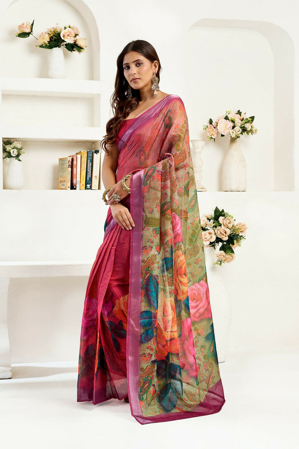 Joban Fashion  Onion Pink Floral Linen Ready To Wear Saree With Unstitched Blouse - Distacart