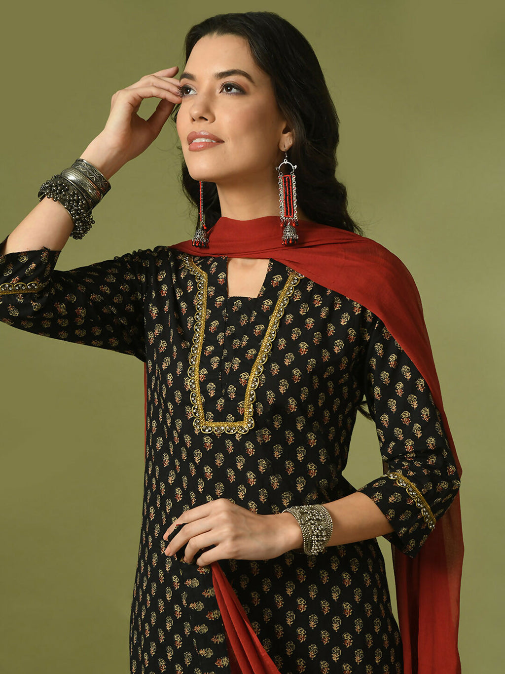 Myshka Women's Black Printed Cotton Straight Party Kurta Set With Dupatta