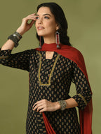 Myshka Women's Black Printed Cotton Straight Party Kurta Set With Dupatta
