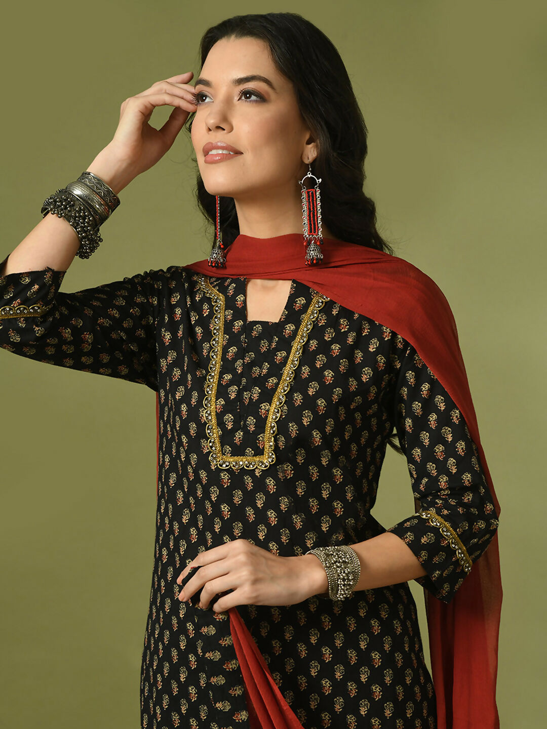 Myshka Women's Black Printed Cotton Straight Party Kurta Set With Dupatta