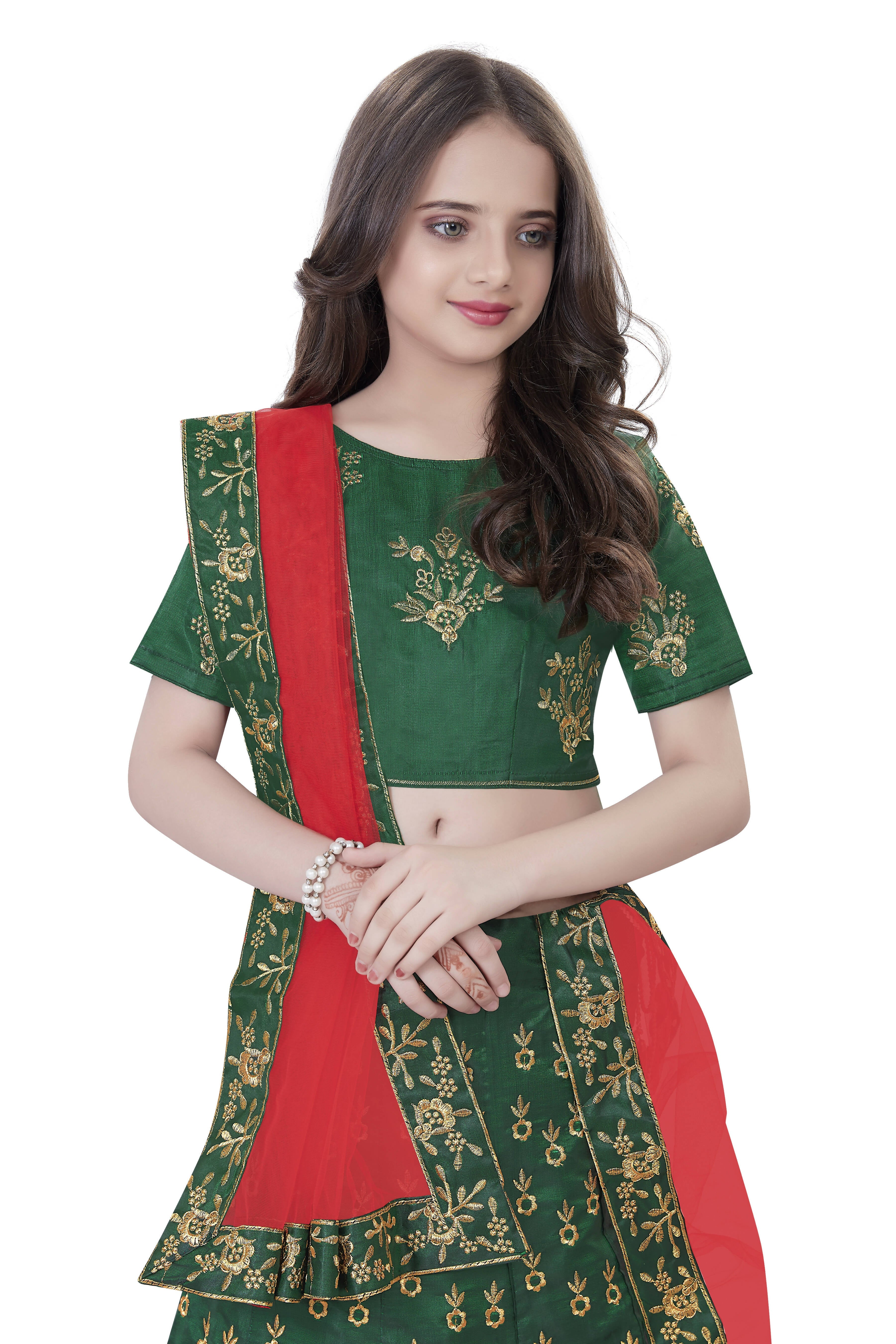 Dwiden Green Baby Doll Tafetta Sattin Semi-Stitched Girl's Lehenga Choli