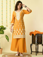 Myshka Women's Mustard Georgette Kurta & Palazzos With Dupatta Party Sets