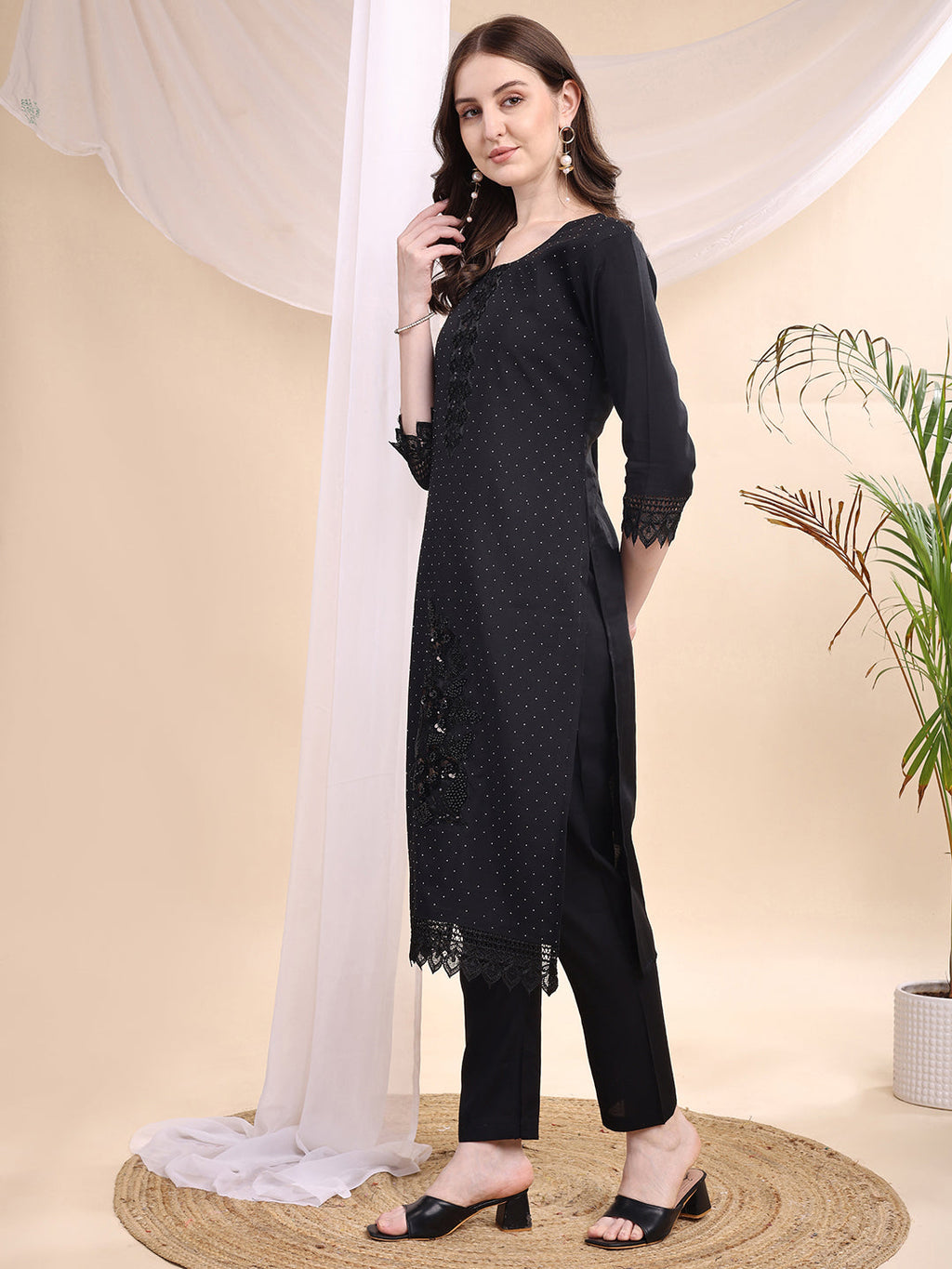Beads & Swarovski Embroidered Kurta With Pant & Dupatta, Black - Hiral Fashion - Distacart
