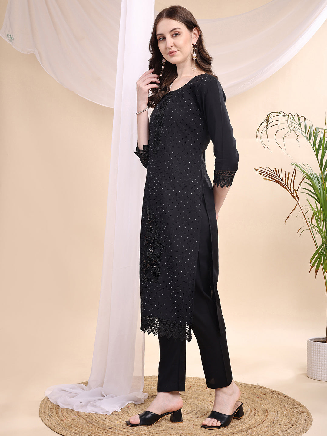 Beads & Swarovski Embroidered Kurta With Pant & Dupatta, Black - Hiral Fashion - Distacart