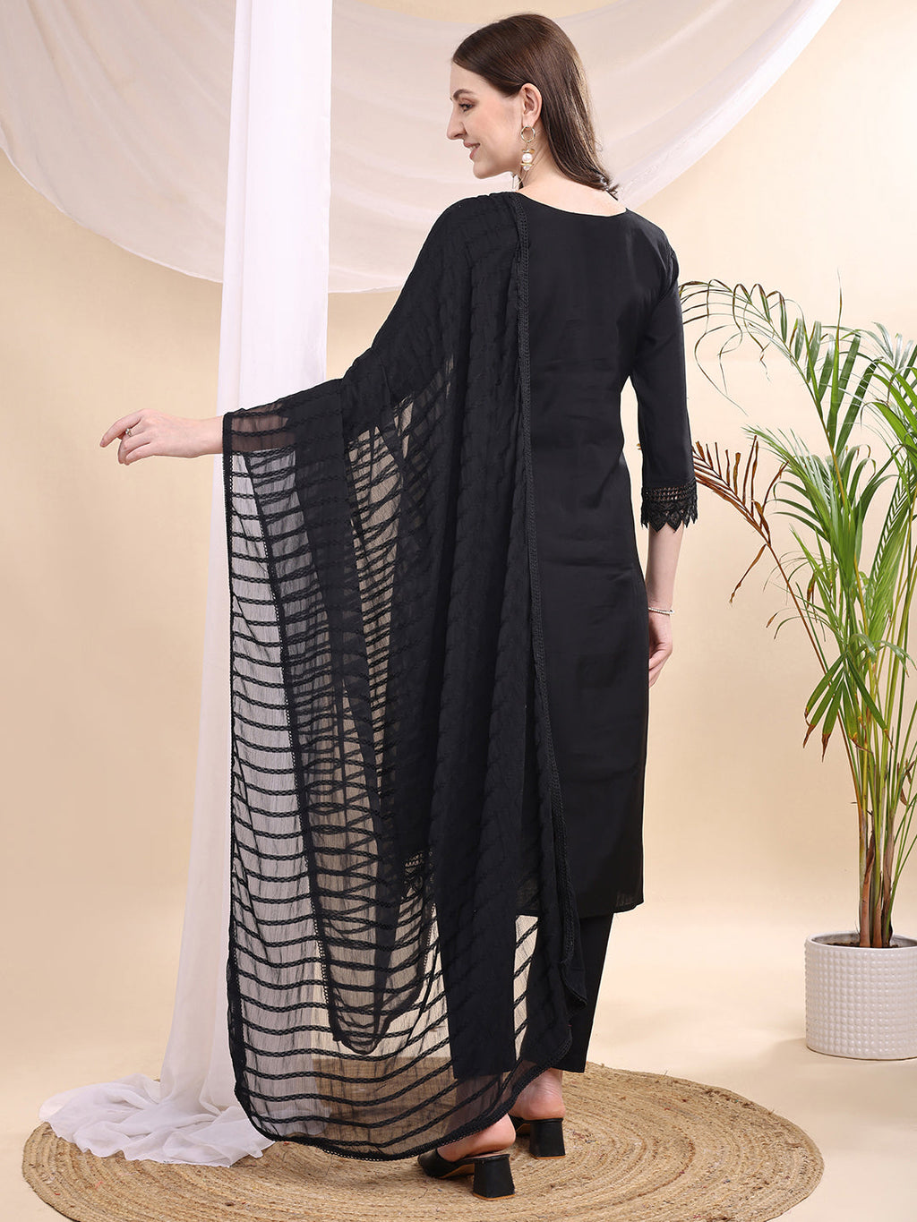 Beads & Swarovski Embroidered Kurta With Pant & Dupatta, Black - Hiral Fashion - Distacart