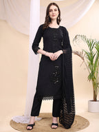 Beads & Swarovski Embroidered Kurta With Pant & Dupatta, Black - Hiral Fashion - Distacart