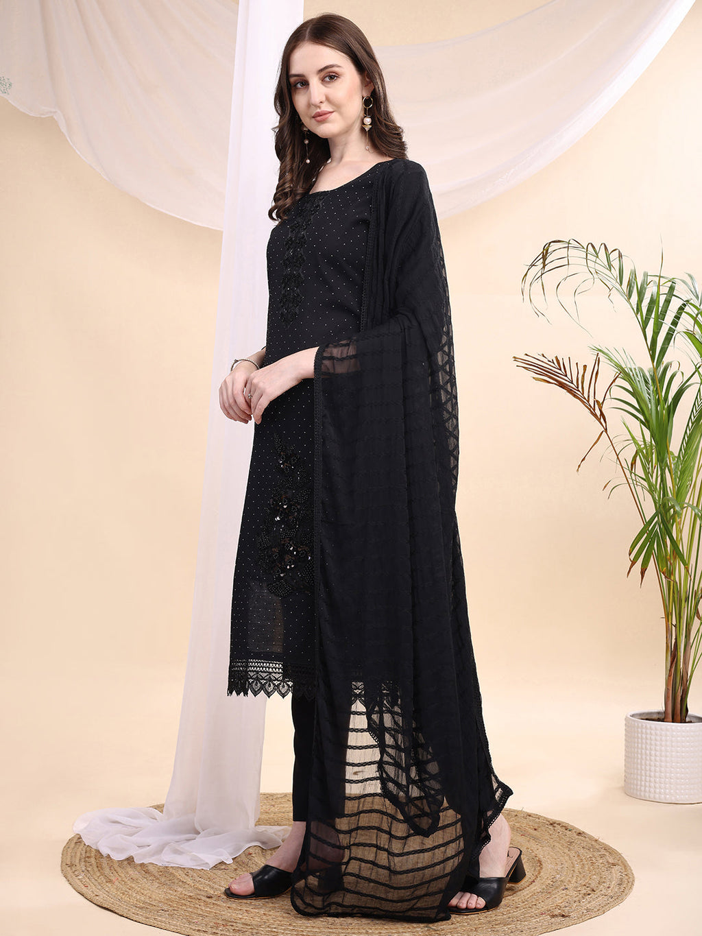 Beads & Swarovski Embroidered Kurta With Pant & Dupatta, Black - Hiral Fashion - Distacart