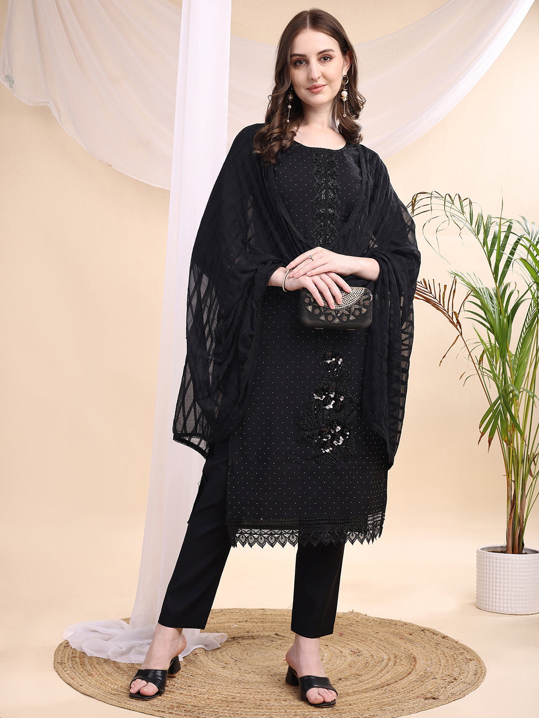 Beads & Swarovski Embroidered Kurta With Pant & Dupatta, Black - Hiral Fashion - Distacart