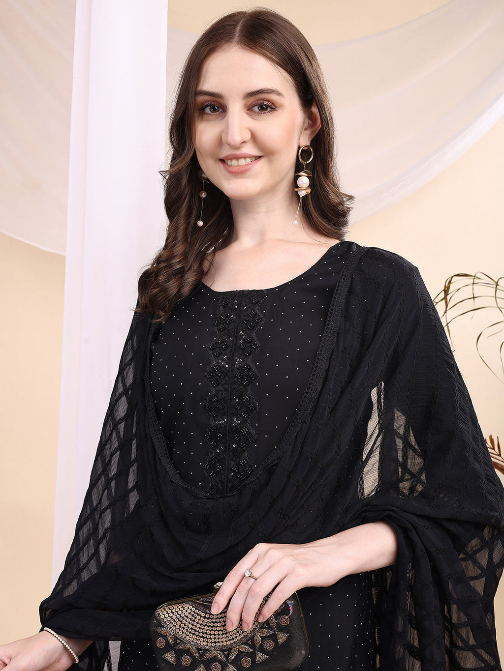 Beads & Swarovski Embroidered Kurta With Pant & Dupatta, Black - Hiral Fashion - Distacart