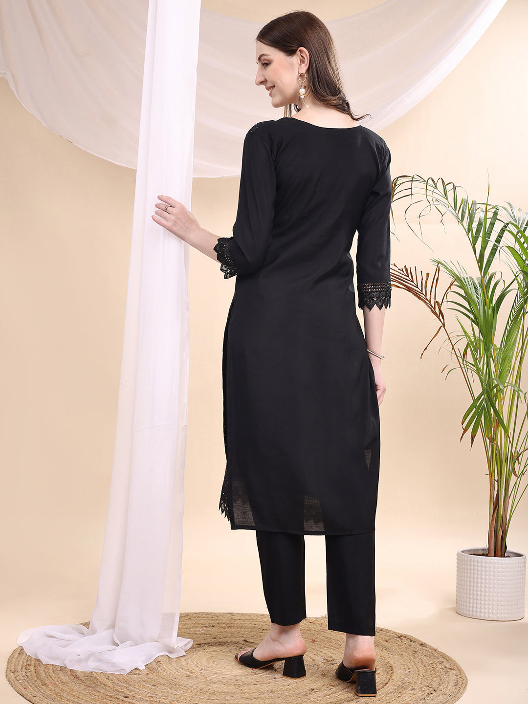 Beads & Swarovski Embroidered Kurta With Pant & Dupatta, Black - Hiral Fashion - Distacart