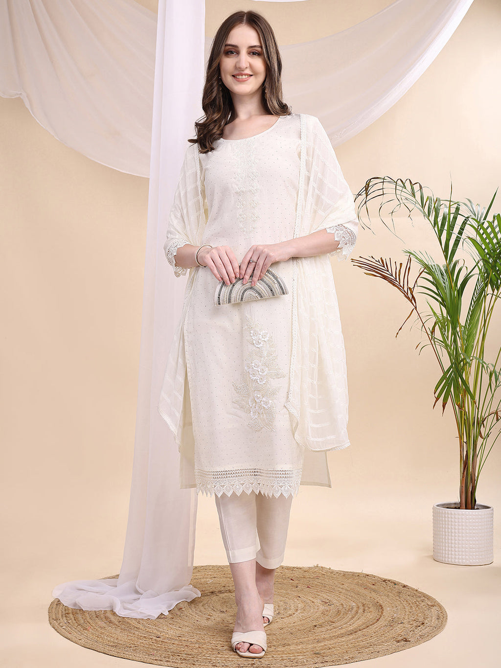 Beads & Swarovski Embroidered Kurta With Pant & Dupatta, White - Hiral Fashion - Distacart