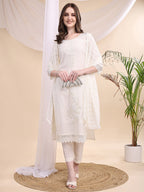 Beads & Swarovski Embroidered Kurta With Pant & Dupatta, White - Hiral Fashion - Distacart