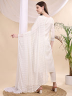 Beads & Swarovski Embroidered Kurta With Pant & Dupatta, White - Hiral Fashion - Distacart