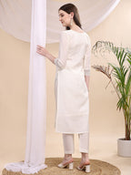 Beads & Swarovski Embroidered Kurta With Pant & Dupatta, White - Hiral Fashion - Distacart