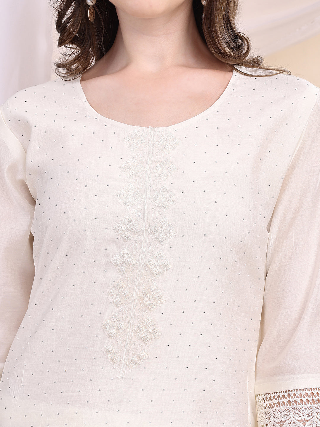 Beads & Swarovski Embroidered Kurta With Pant & Dupatta, White - Hiral Fashion - Distacart