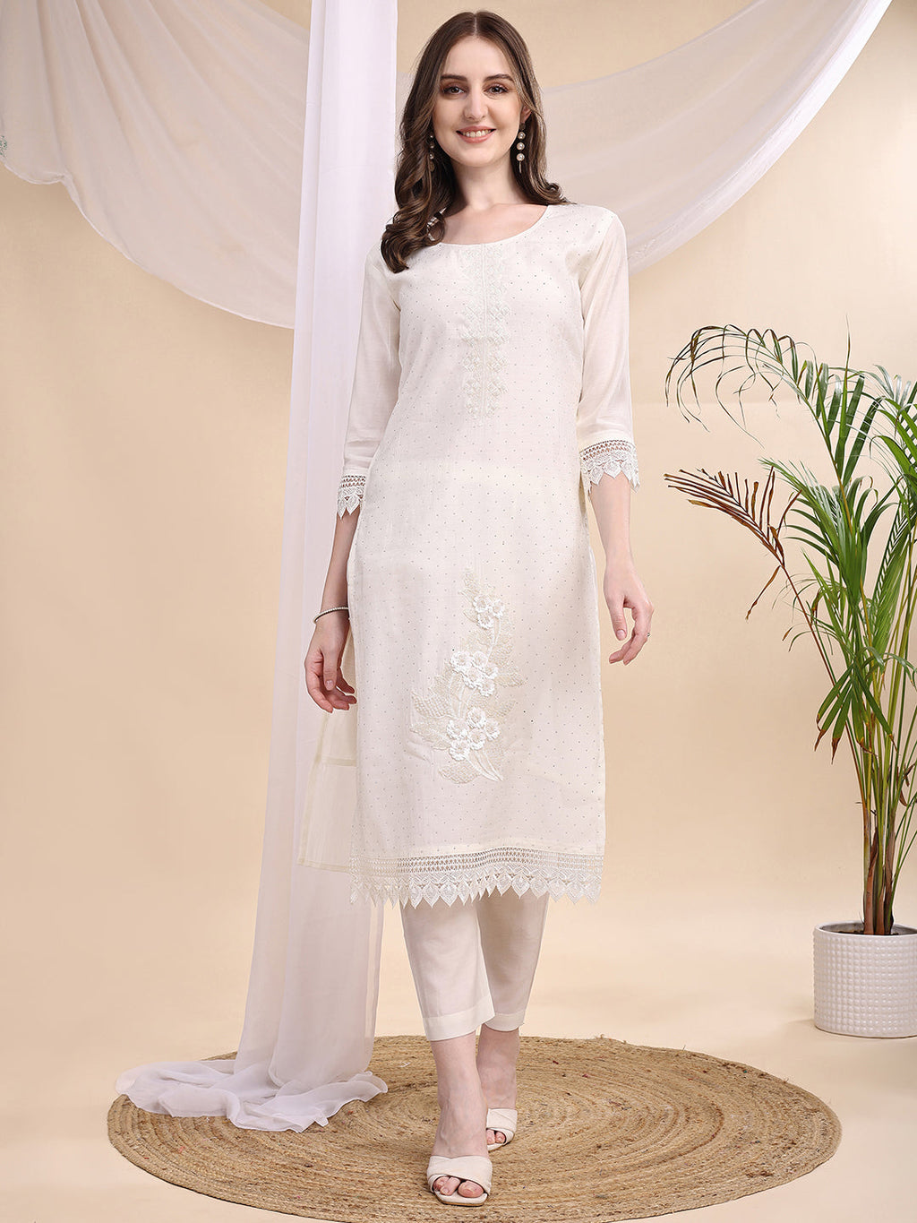 Beads & Swarovski Embroidered Kurta With Pant & Dupatta, White - Hiral Fashion - Distacart