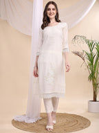 Beads & Swarovski Embroidered Kurta With Pant & Dupatta, White - Hiral Fashion - Distacart