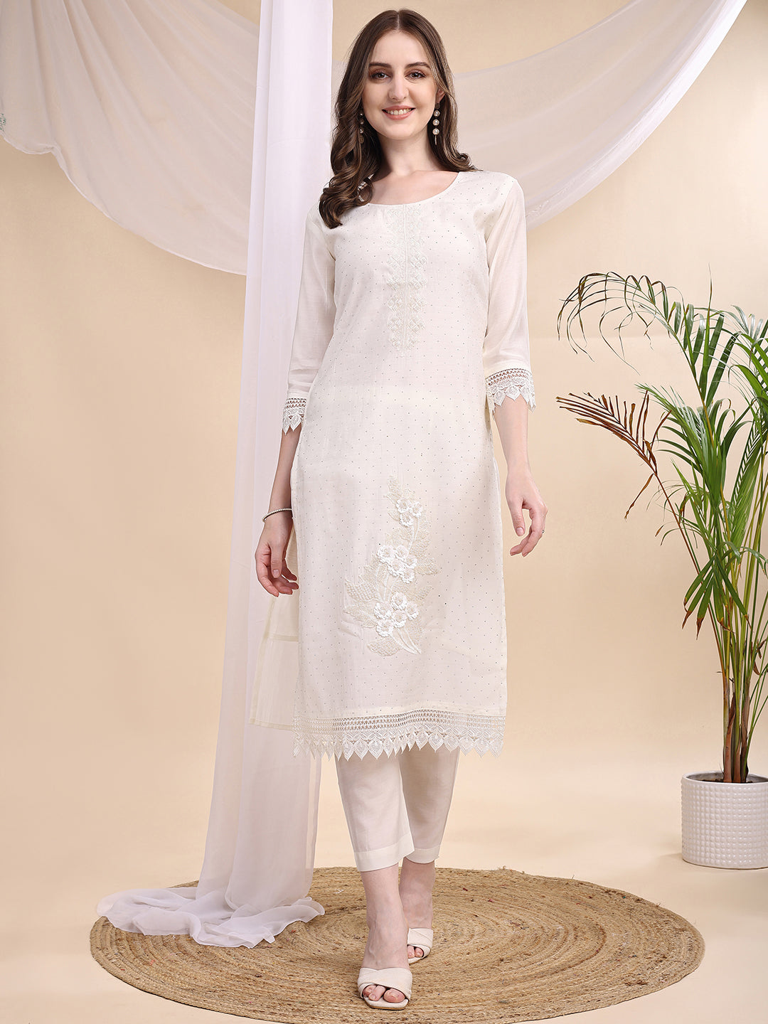 Beads & Swarovski Embroidered Kurta With Pant & Dupatta, White - Hiral Fashion - Distacart