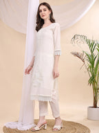 Beads & Swarovski Embroidered Kurta With Pant & Dupatta, White - Hiral Fashion - Distacart