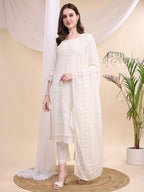Beads & Swarovski Embroidered Kurta With Pant & Dupatta, White - Hiral Fashion - Distacart