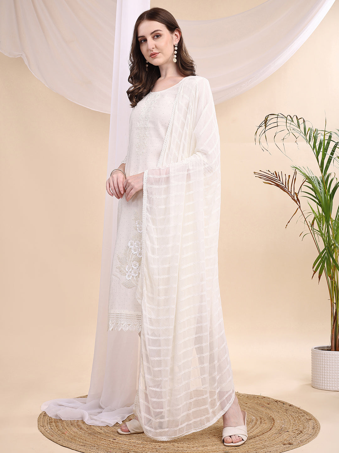 Beads & Swarovski Embroidered Kurta With Pant & Dupatta, White - Hiral Fashion - Distacart
